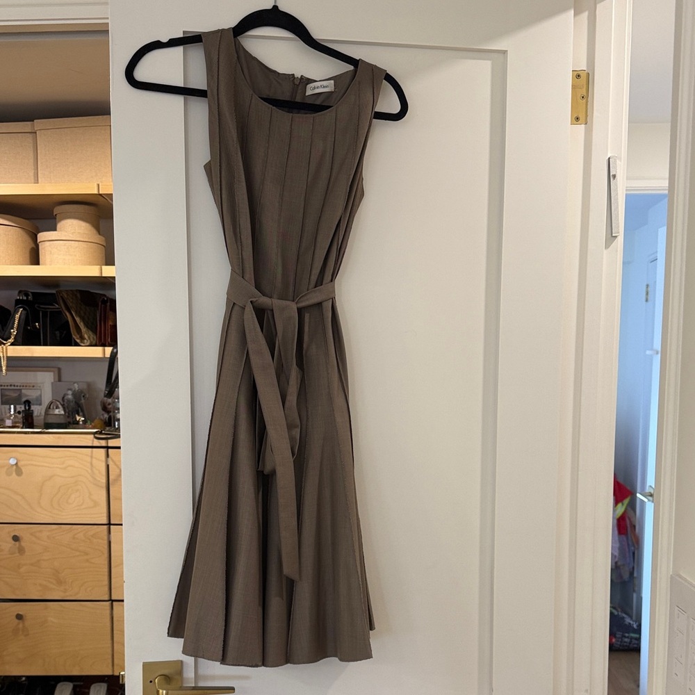 Calvin Klein Sleeveless Taupe A-Line Belted Dress